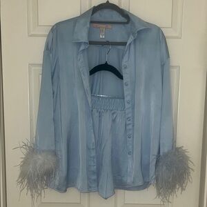 Light Blue Satin Pajama Set with Feather Cuffs